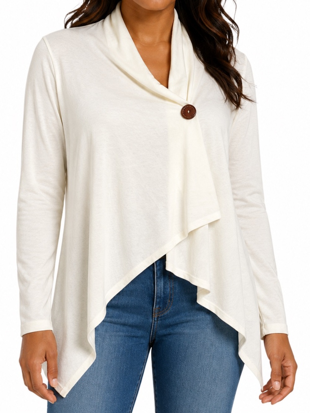 bobeau Cream Draped Button Draped Front Wrap Cardigan